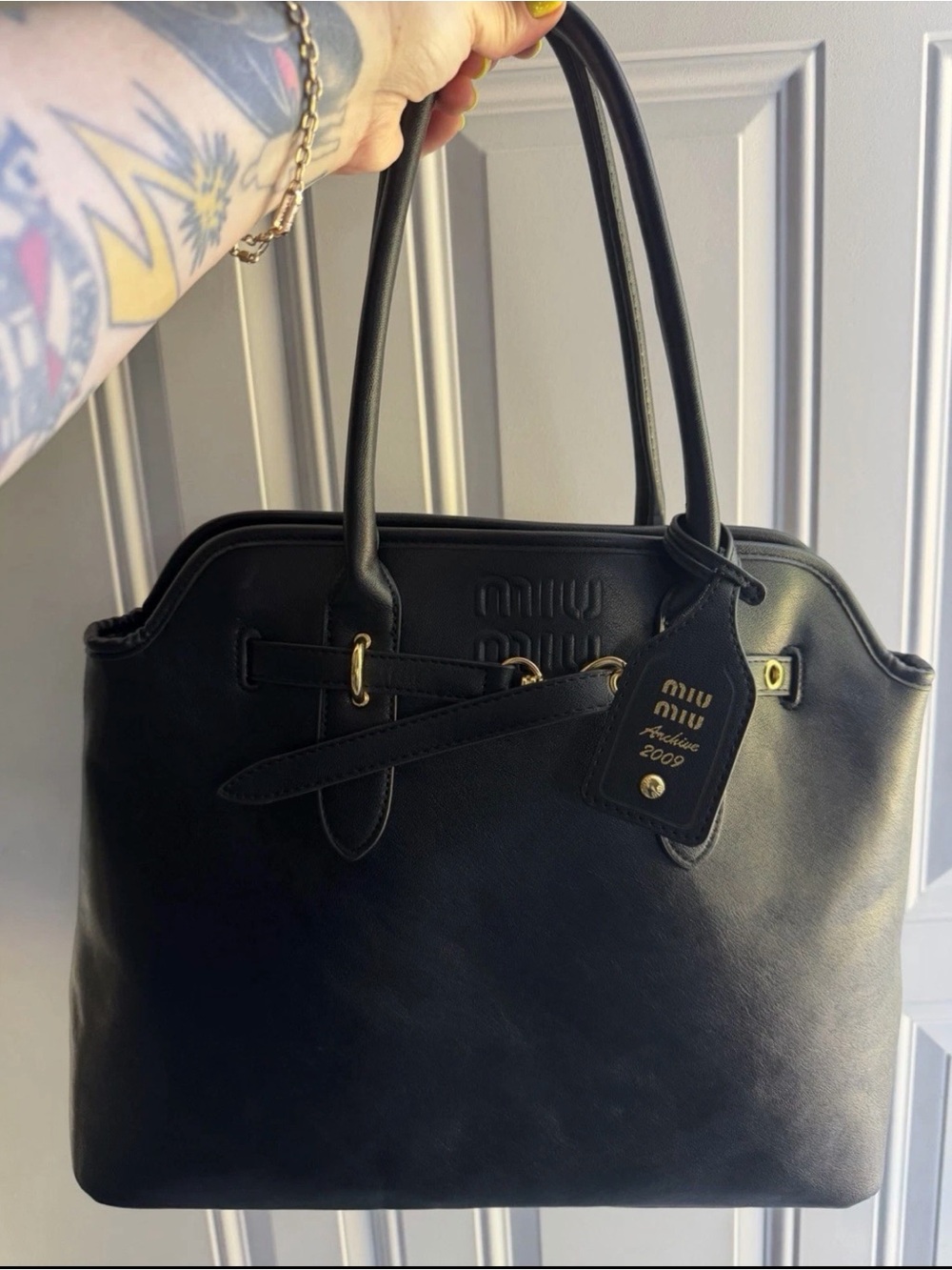 Miu Miu Black Leather Satchel with Gold-Tone Hardware